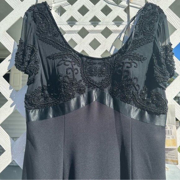 NWT Adrianna Papell Evening Short Sleeve Black Beaded Silk Empire Dress 12 - Picture 2 of 10